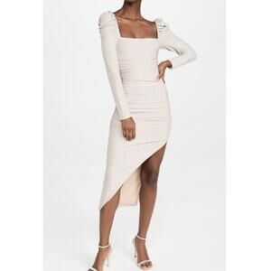 Saylor Marcia Dress Silver Metallic Jersey‎ Ruched High Slit Long Sleeve Sz S